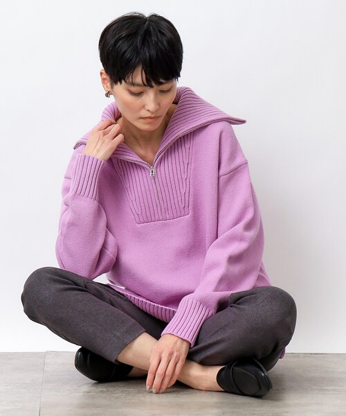 OPAQUE.CLIP（オペークドットクリップ）の「◆ハーフZIPミドルゲージニット【洗濯機洗い可】（ニット/セーター・レディース・ライトパープル/ホワイト/グレー・40/38）」の7枚目の写真