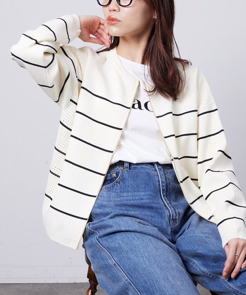 Chez toi（シェトワ）の「軽量ニットアイレットジップカーディガン（カーディガン/ボレロ・レディース・アイボリー/オフホワイト/ブラック/ブルー・FREE）」の10枚目の写真