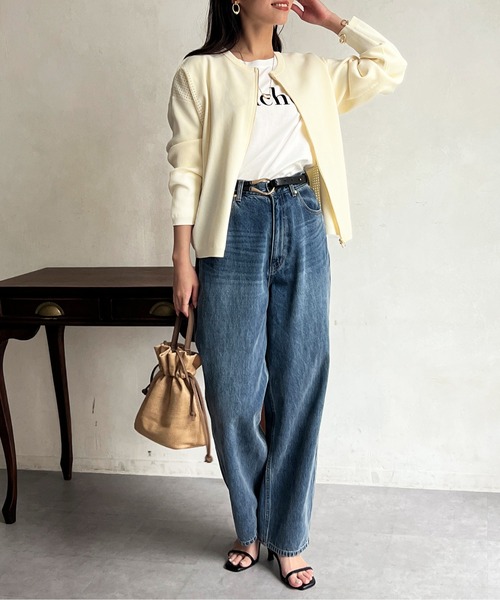 Chez toi（シェトワ）の「軽量ニットアイレットジップカーディガン（カーディガン/ボレロ・レディース・アイボリー/オフホワイト/ブラック/ブルー・FREE）」の8枚目の写真