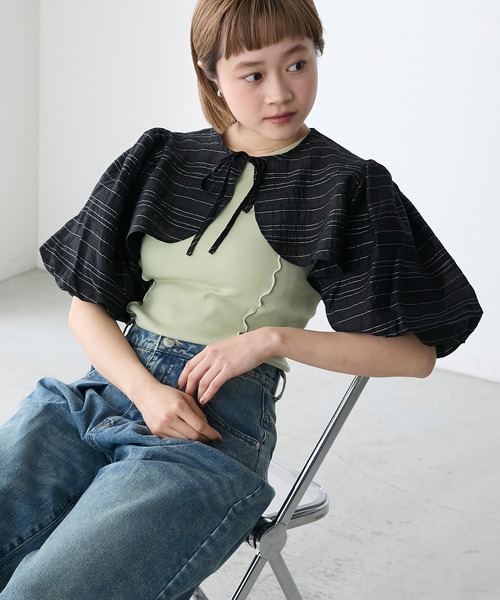 forksy.】シアーボーダーボリュームスリーブボレロ