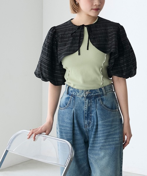 forksy.】シアーボーダーボリュームスリーブボレロ（カーディガン