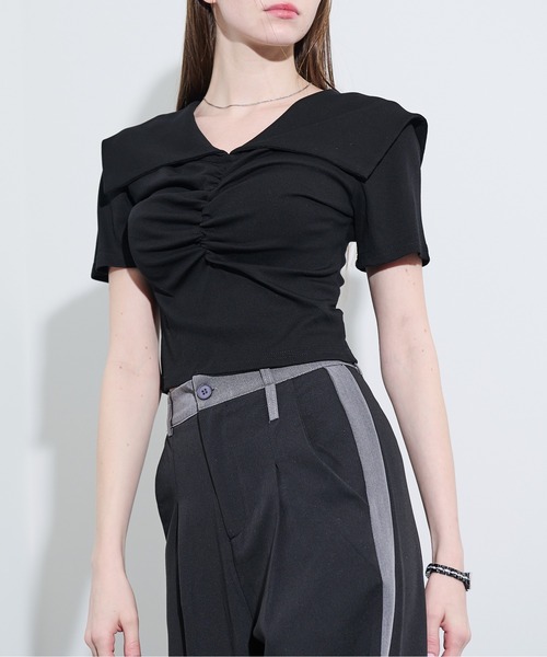 MOCOA'S（モコアズ）の「ビッグカラークロップドトップス（Tシャツ/カットソー・レディース・ブラック/ナチュラル/グレー・FREE）」の21枚目の写真