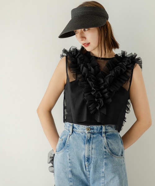 リボンフリルショートベスト ブラック FREAK'S STORE（フリークスストア）の「切替 フリル リボン