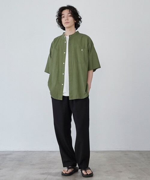 バンドカラー フレンチリネンシャツ　L / ネイビ－ ≪追加≫フレンチリネンバンドカラー3（シャツ／ブラウス）｜FRAMeWORK