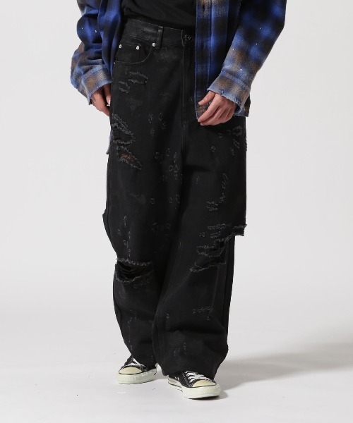 FR(13)NDS /フレンズ/HDKダメージワイドパンツ BLK（デニム