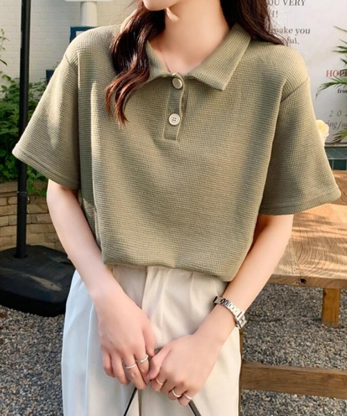MAISON DE THERESE(メゾン ド テレーズ)の「ワッフルポロシャツ(ポロシャツ・レディース・ホワイト/ブラック/カーキ/ライトベージュ・M/L)」の4枚目の写真