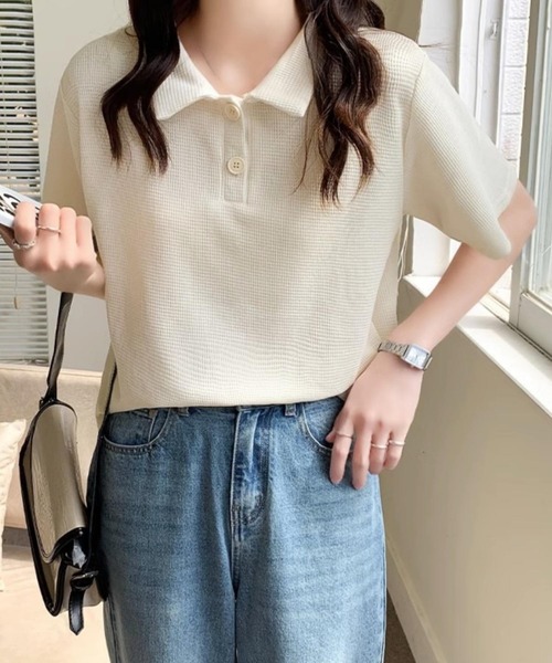 MAISON DE THERESE(メゾン ド テレーズ)の「ワッフルポロシャツ(ポロシャツ・レディース・ホワイト/ブラック/カーキ/ライトベージュ・M/L)」の3枚目の写真