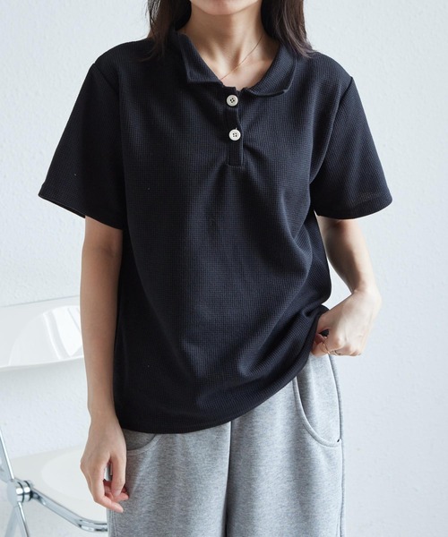 MAISON DE THERESE(メゾン ド テレーズ)の「ワッフルポロシャツ(ポロシャツ・レディース・ホワイト/ブラック/カーキ/ライトベージュ・M/L)」の9枚目の写真