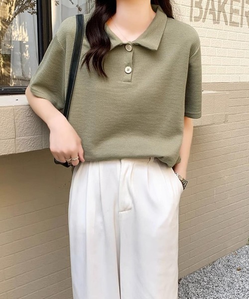 MAISON DE THERESE(メゾン ド テレーズ)の「ワッフルポロシャツ(ポロシャツ・レディース・ホワイト/ブラック/カーキ/ライトベージュ・M/L)」の13枚目の写真