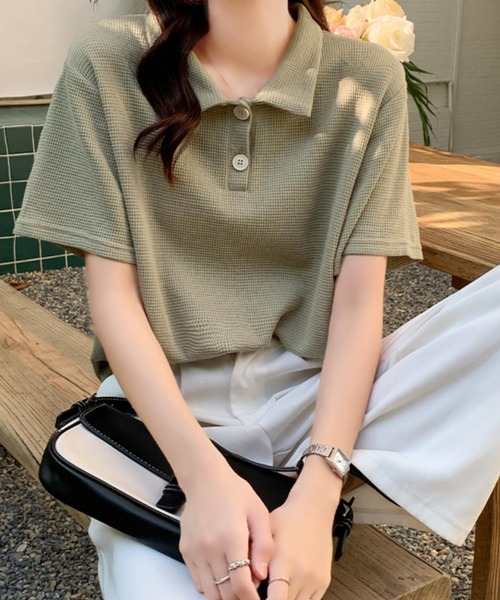 MAISON DE THERESE(メゾン ド テレーズ)の「ワッフルポロシャツ(ポロシャツ・レディース・ホワイト/ブラック/カーキ/ライトベージュ・M/L)」の14枚目の写真