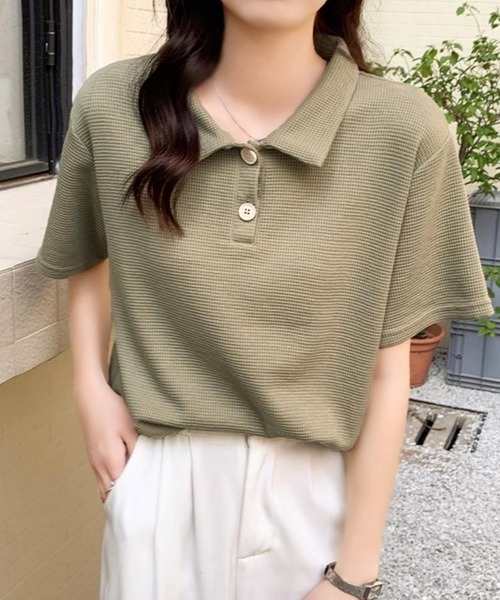 MAISON DE THERESE(メゾン ド テレーズ)の「ワッフルポロシャツ(ポロシャツ・レディース・ホワイト/ブラック/カーキ/ライトベージュ・M/L)」の17枚目の写真