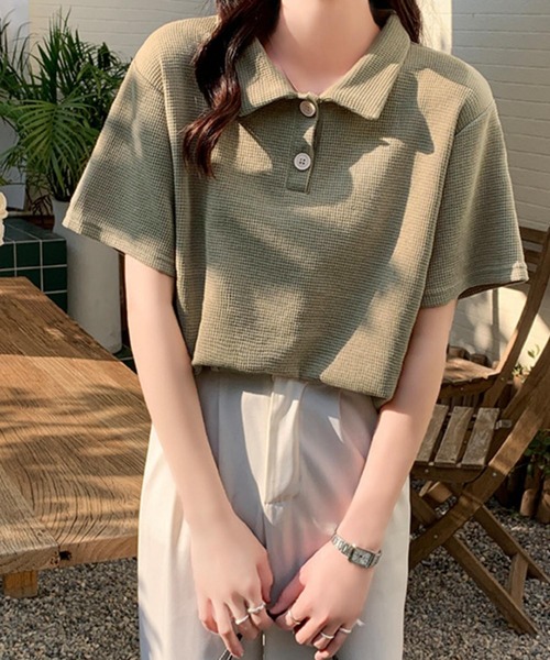 MAISON DE THERESE(メゾン ド テレーズ)の「ワッフルポロシャツ(ポロシャツ・レディース・ホワイト/ブラック/カーキ/ライトベージュ・M/L)」の6枚目の写真