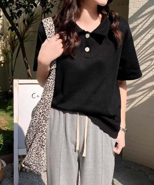 MAISON DE THERESE(メゾン ド テレーズ)の「ワッフルポロシャツ(ポロシャツ・レディース・ホワイト/ブラック/カーキ/ライトベージュ・M/L)」の7枚目の写真
