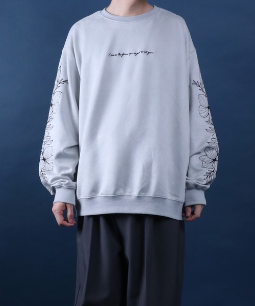 ANPAS（アンパス）の「Faux Suede Flower Embroidery  Sweatshirt/フラワー刺繍 袖刺繍 オーバーサイズ フェイクスエード トレーナー スウェット（スウェット・メンズ・ライトグレー/チャコール/ブルー・M/L）」の11枚目の写真