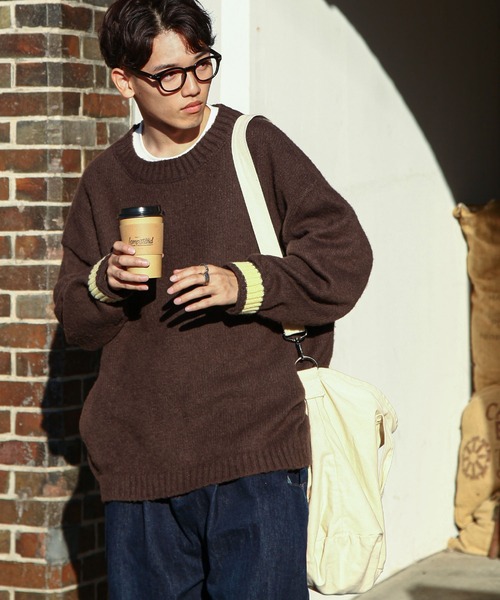 ZIP FIVE（ジップファイブ）の「【ZIP FIVE】 5G モヘアライク 2WAY カフス ルーズシルエット 長袖 クルー ニット セーター（ニット/セーター・メンズ・ブラウン/ブルー/アイボリー/ブラック・MEDIUM/LARGE）」の3枚目の写真