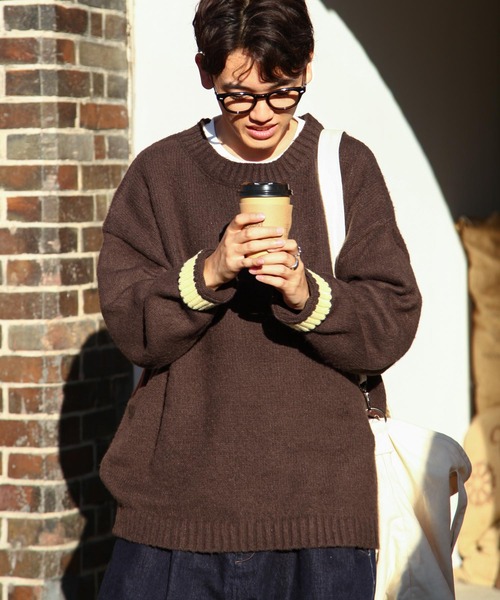 ZIP FIVE（ジップファイブ）の「【ZIP FIVE】 5G モヘアライク 2WAY カフス ルーズシルエット 長袖 クルー ニット セーター（ニット/セーター・メンズ・ブラウン/ブルー/アイボリー/ブラック・MEDIUM/LARGE）」の20枚目の写真