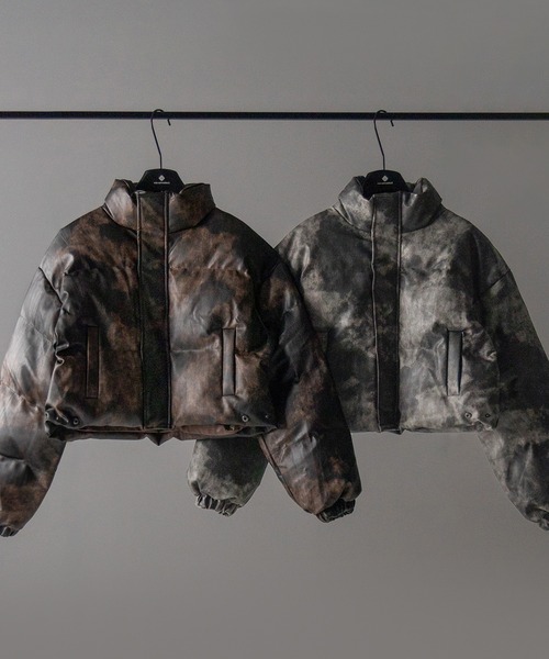 2color 】ヴィンテージタイダイフェイクレザーショートダウン