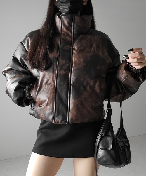 80s ヴィンテージ レザーダウンジャケット 40 ブルゾン ショート丈 古着 THE CASUAL｜ヴィンテージ加工 PUレザー A-2ショートブルゾン