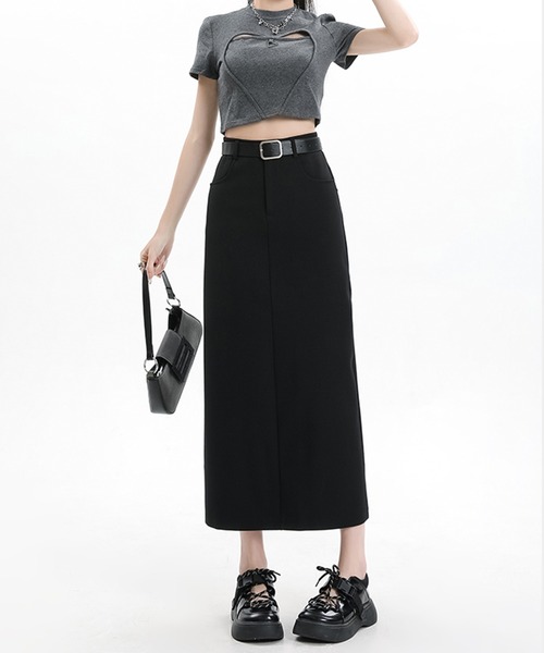 Lace Ladies(レースレディース)の「ソリッドカラー ハイウエスト Iライン ロング スカート(スカート・レディース・グレー/ブラック・S/M/L/XL)」の3枚目の写真