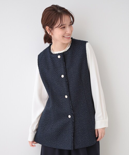 セール】【セレモニーからデイリーまで】フリンジ ツイードジレ