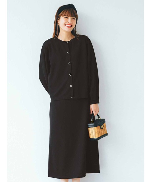 リブ イン コンフォート きちんと見えをお約束 カットソーのカーディガンとワンピースのセット〈ブラック〉（セットアップ）｜Live in comfort（リブインコンフォート）