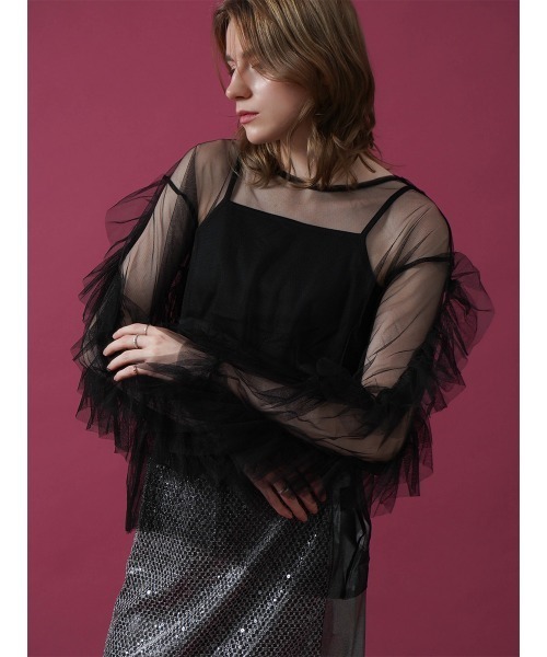 :ETHROF（イーサオブ）の「FRILL TULLE TOPS（シャツ/ブラウス・レディース・オフホワイト/ブラック・MEDIUM）」の2枚目の写真