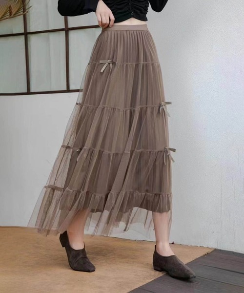 aimoha（アイモハ）の「リボン付きチュールロングスカート（スカート・レディース・ライトベージュ/ブラック/ベージュ・FREE）」の3枚目の写真