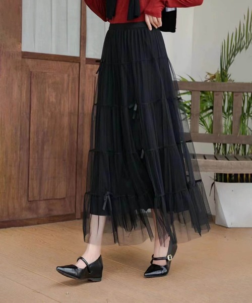 aimoha（アイモハ）の「リボン付きチュールロングスカート（スカート・レディース・ライトベージュ/ブラック/ベージュ・FREE）」の2枚目の写真