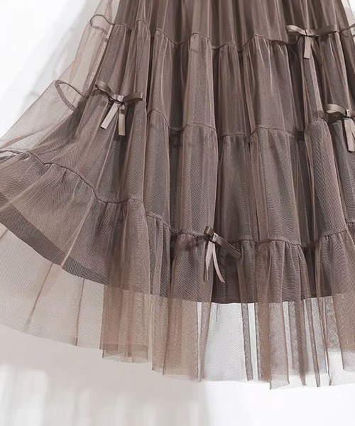 aimoha（アイモハ）の「リボン付きチュールロングスカート（スカート・レディース・ライトベージュ/ブラック/ベージュ・FREE）」の14枚目の写真