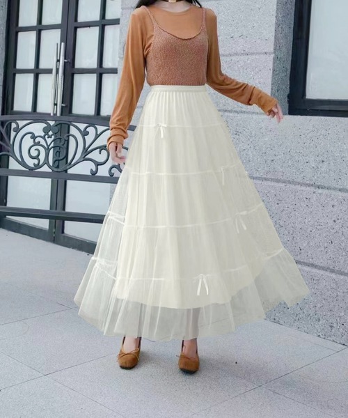 aimoha（アイモハ）の「リボン付きチュールロングスカート（スカート・レディース・ライトベージュ/ブラック/ベージュ・FREE）」の8枚目の写真