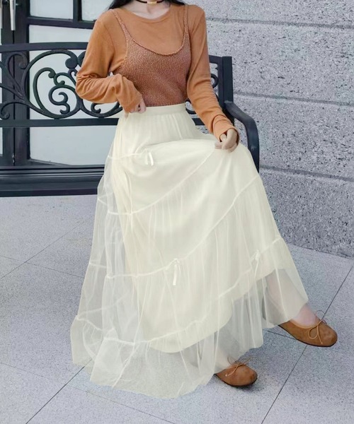 aimoha（アイモハ）の「リボン付きチュールロングスカート（スカート・レディース・ライトベージュ/ブラック/ベージュ・FREE）」の9枚目の写真