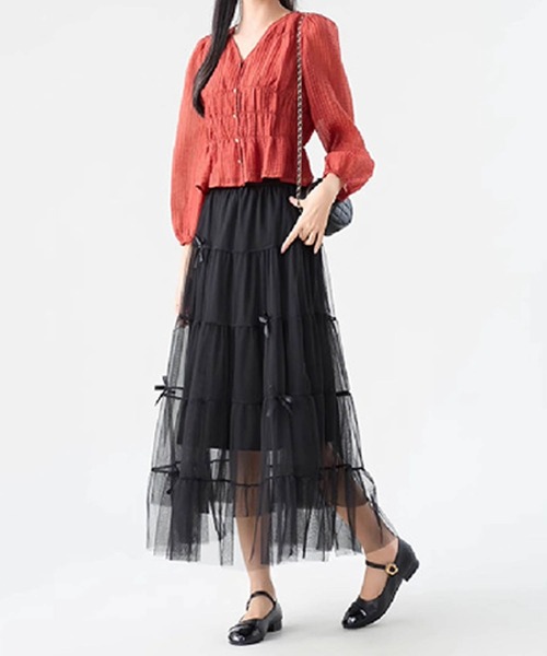 aimoha（アイモハ）の「リボン付きチュールロングスカート（スカート・レディース・ライトベージュ/ブラック/ベージュ・FREE）」の4枚目の写真