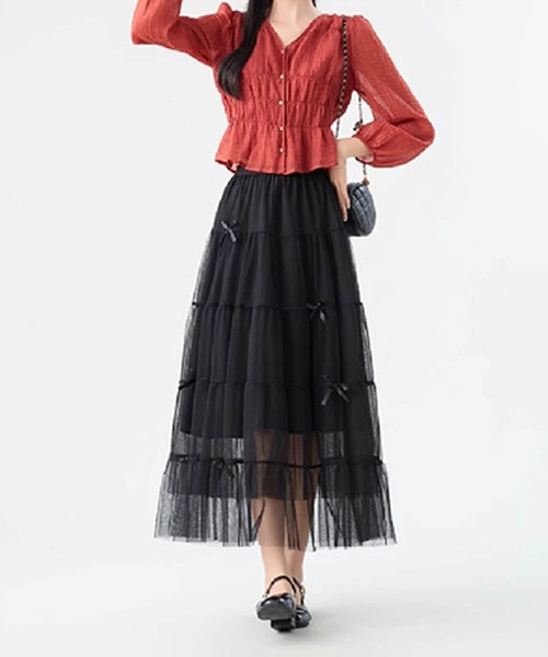 aimoha（アイモハ）の「リボン付きチュールロングスカート（スカート・レディース・ライトベージュ/ブラック/ベージュ・FREE）」の5枚目の写真