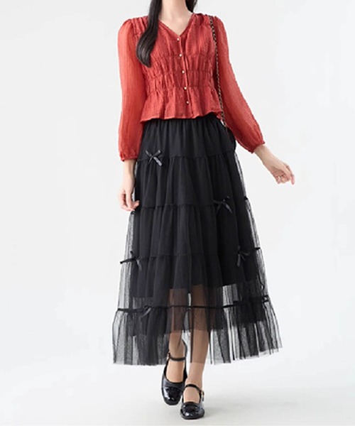 aimoha（アイモハ）の「リボン付きチュールロングスカート（スカート・レディース・ライトベージュ/ブラック/ベージュ・FREE）」の6枚目の写真