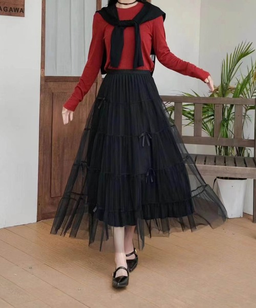 aimoha（アイモハ）の「リボン付きチュールロングスカート（スカート・レディース・ライトベージュ/ブラック/ベージュ・FREE）」の7枚目の写真