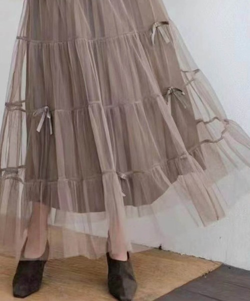 aimoha（アイモハ）の「リボン付きチュールロングスカート（スカート・レディース・ライトベージュ/ブラック/ベージュ・FREE）」の16枚目の写真