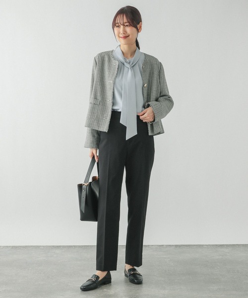 極美品【グローバルワーク】インディゴ　ノーカラー　パンツスーツ　ウエストゴム　L GLOBAL WORK スラックス パンツ ウツクシルエットテーパード