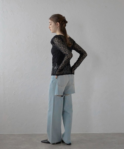 セール】【MINERTE】 lace draped neck tops / 総レースドレープ
