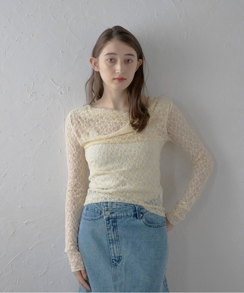 セール】【MINERTE】 lace draped neck tops / 総レースドレープ