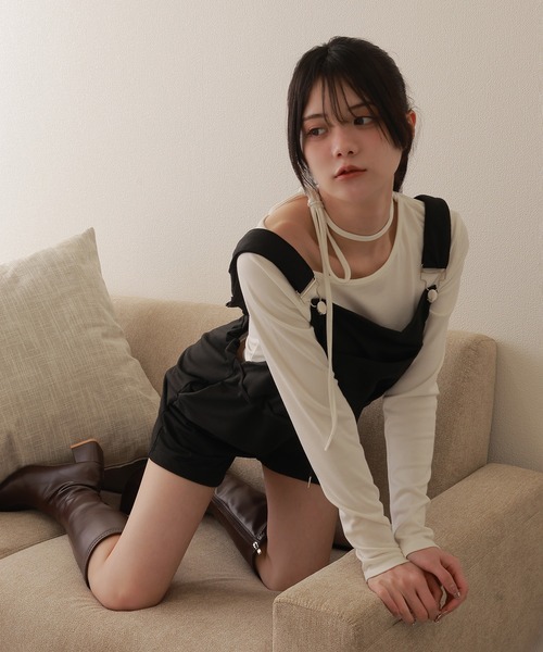 M DOLLY（エムドリー）の「drawstring half overalls/ドローストリングハーフオーバーオール（サロペット/オーバーオール・レディース・ブラック/グレー・FREE）」の5枚目の写真
