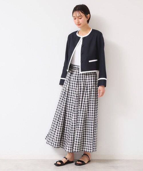 セール】【セットアップ可能・洗える】配色クルーネック麻ジャケット