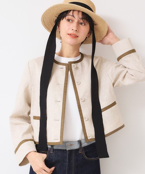 デッサン（Dessin）/【セットアップ可能・洗える】配色クルーネック麻ジャケット セール】【セットアップ可能・洗える】配色クルーネック麻ジャケット