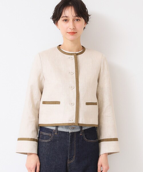 セール】【セットアップ可能・洗える】配色クルーネック麻ジャケット
