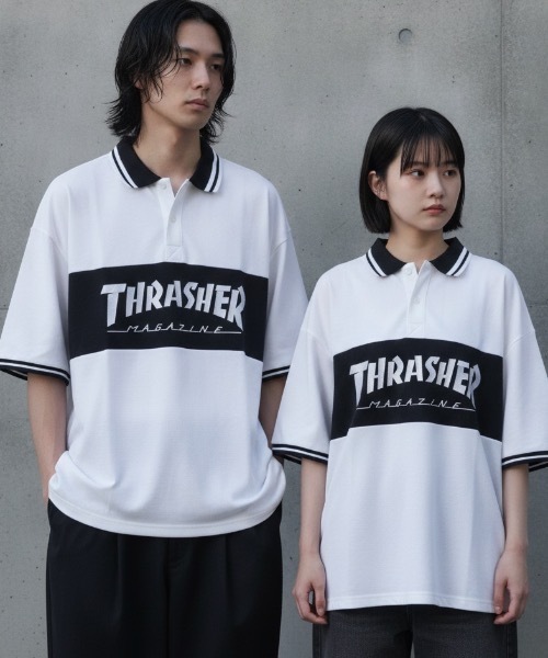 THRASHER(スラッシャー)の「S/S PANEL POLO SHIRTS / THRASHERスラッシャーブランドロゴパネル半袖ポロシャツ(ポロシャツ・メンズ・ネイビー/ブラック/ホワイト・MEDIUM/LARGE/X-LARGE)」の1枚目の写真