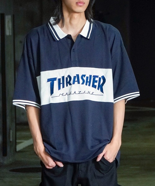 THRASHER(スラッシャー)の「S/S PANEL POLO SHIRTS / THRASHERスラッシャーブランドロゴパネル半袖ポロシャツ(ポロシャツ・メンズ・ネイビー/ブラック/ホワイト・MEDIUM/LARGE/X-LARGE)」の6枚目の写真