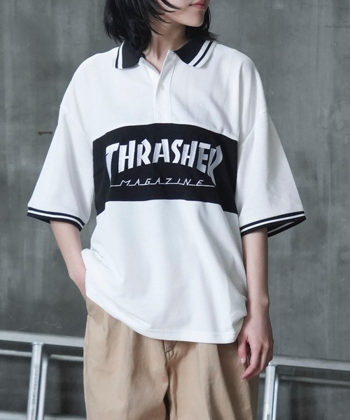 THRASHER(スラッシャー)の「S/S PANEL POLO SHIRTS / THRASHERスラッシャーブランドロゴパネル半袖ポロシャツ(ポロシャツ・メンズ・ネイビー/ブラック/ホワイト・MEDIUM/LARGE/X-LARGE)」の4枚目の写真