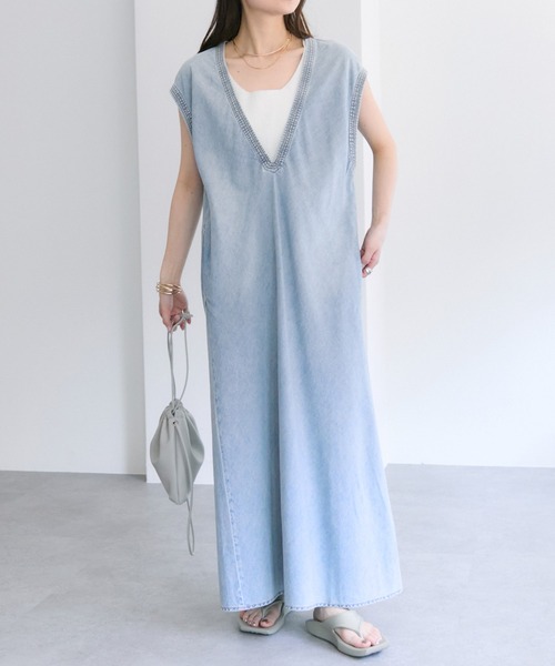 DT♪ MINORCA ピュアデニム Vネックドレスワンピース 25th】綿麻デニムVネックワンピース(ワンピース)|PUAL CE CIN