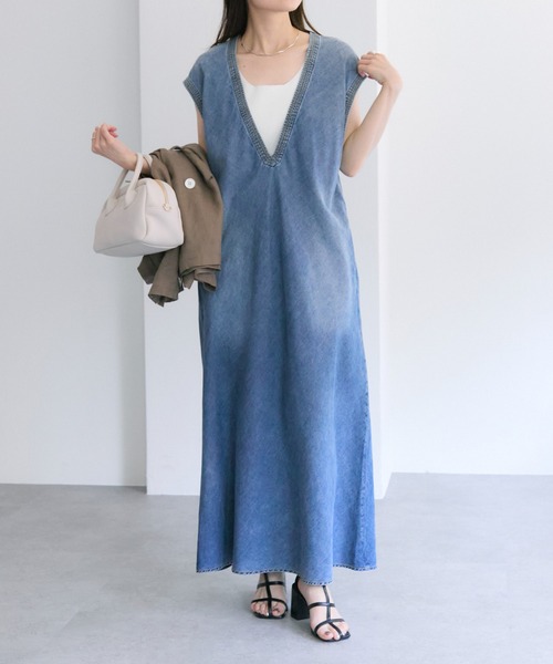 セール】【25th】綿麻デニムVネックワンピース（ワンピース