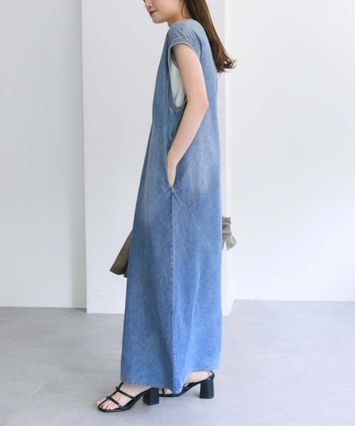セール】【25th】綿麻デニムVネックワンピース（ワンピース