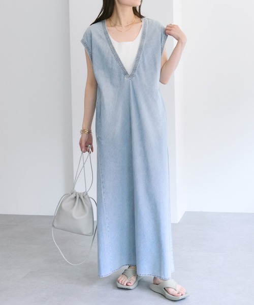 セール】【25th】綿麻デニムVネックワンピース（ワンピース